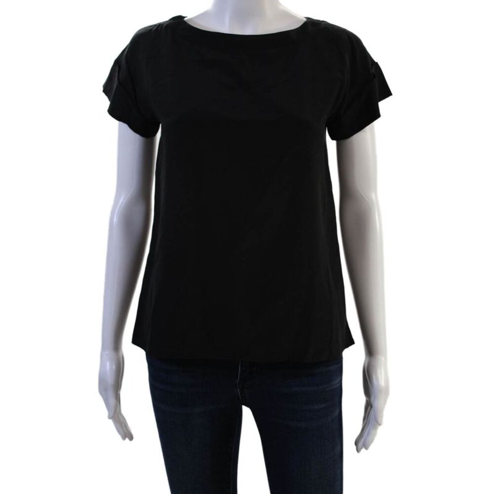 Quail Women Basic Black Silk Blouse Round Neck Short Sleeve Size XS
